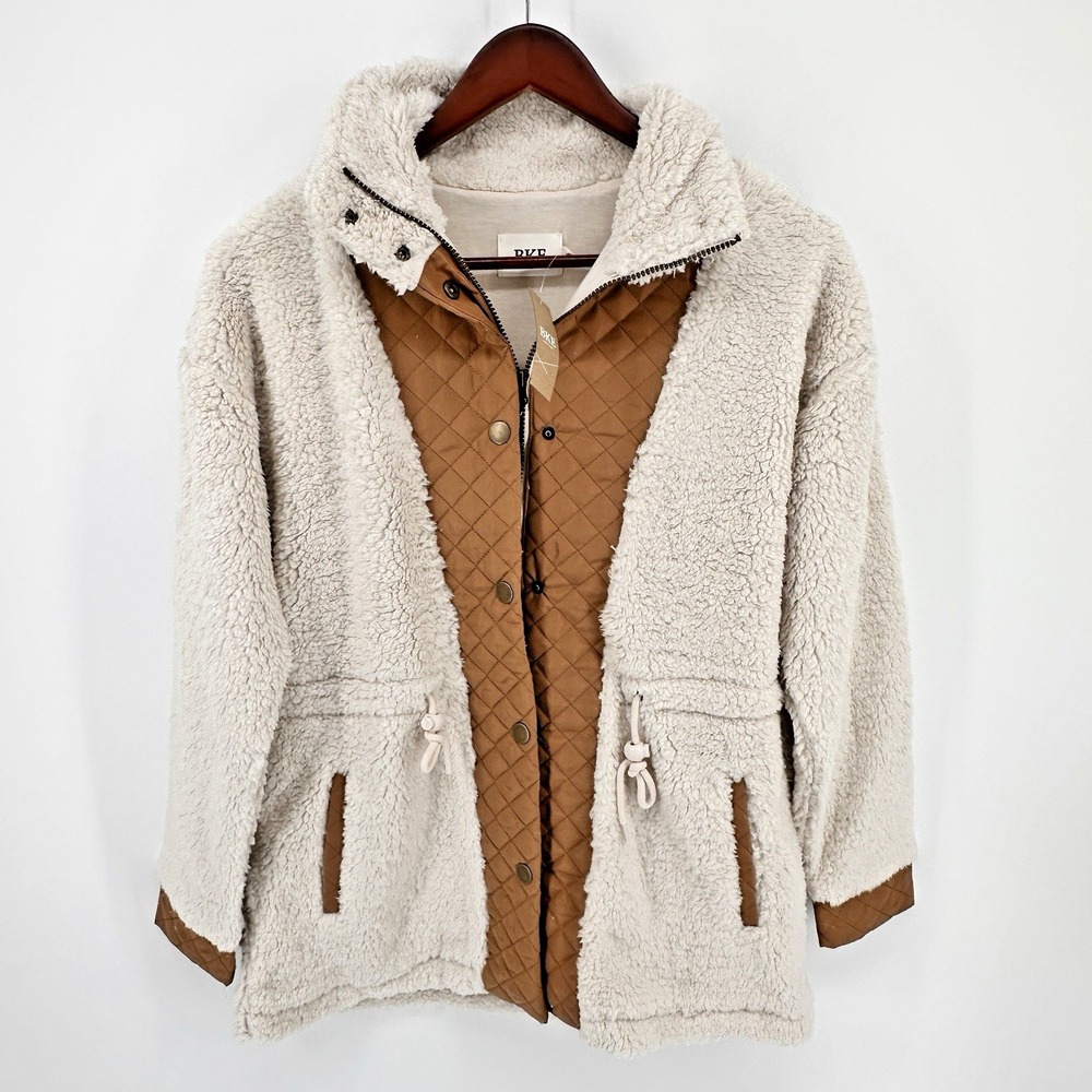 BKE Women's Cream Sherpa Faux Fur Quilted Utility Jacket Brown Drawstring S NWT